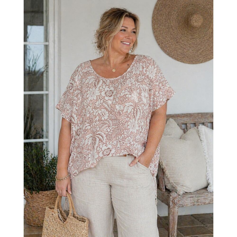 C&C California Linen Blouse Plus Size 1X Pink Floral Boho Beachy Coastal Grandma